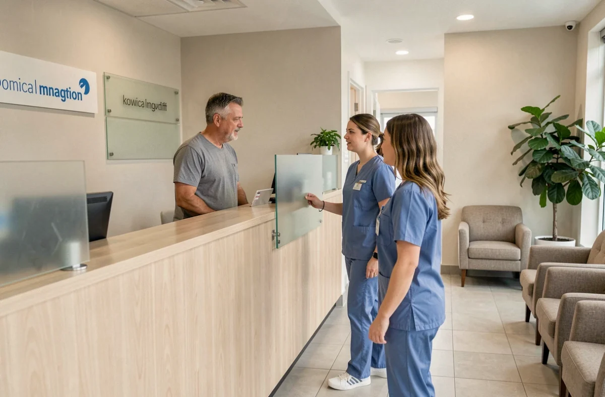 Patient accueilli à la réception d'un centre d'imagerie médicale local par une secrétaire médicale souriante
