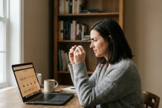 Femme comparant des montures de lunettes en ligne sur un ordinateur portable depuis son bureau à domicile