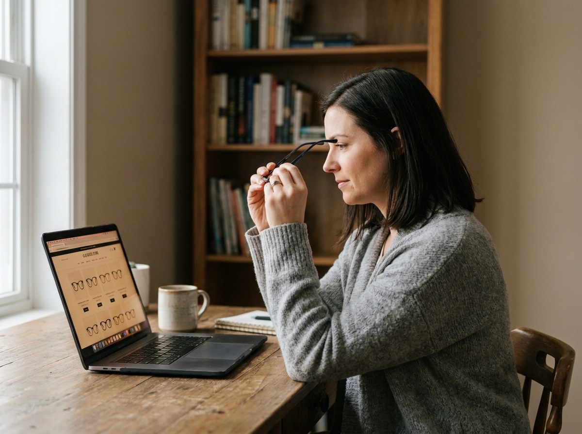 Femme comparant des montures de lunettes en ligne sur un ordinateur portable depuis son bureau à domicile