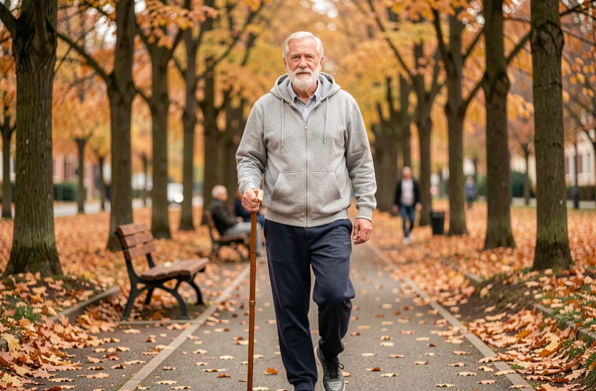 Senior pratiquant la marche en plein air dans un parc en automne dans le cadre d'une activité physique adaptée à la leucopathie vasculaire