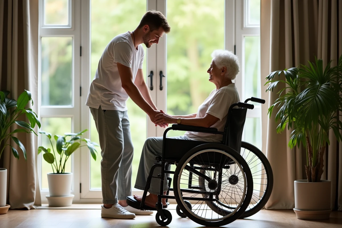 Jeune homme aidant une femme agee en fauteuil roulant