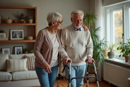 Femme aidant un homme agee dans un salon chaleureux