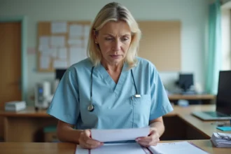 Aide-soignante en blouse bleue vérifiant une fiche de temps