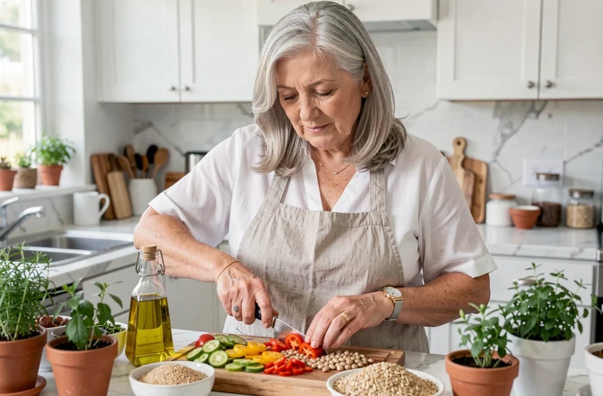 Femme senior préparant un repas méditerranéen équilibré adapté à la prévention et la gestion de la leucopathie vasculaire