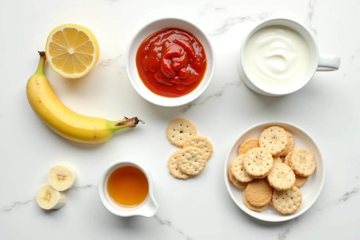 Aliments à éviter et à privilégier lors d'un aphte buccal, incluant agrumes, yaourt, miel et crackers salés, vue de dessus sur fond blanc