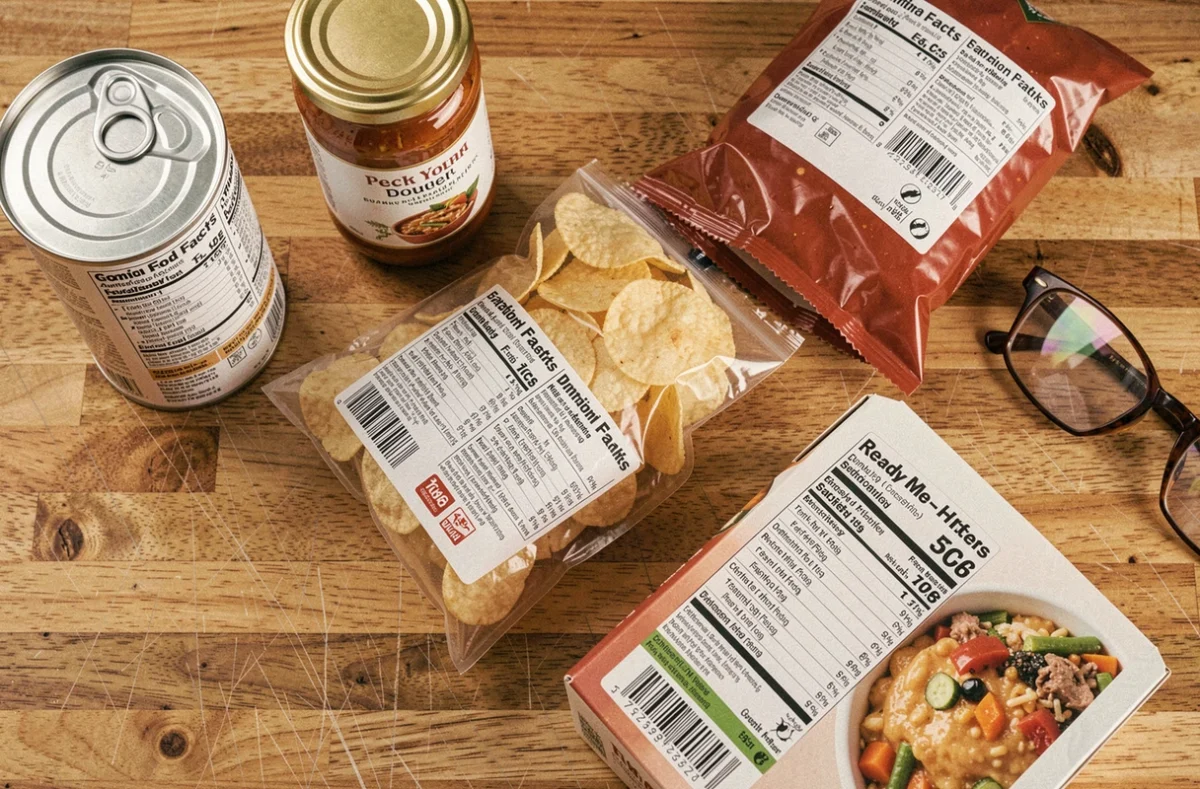 Vue en plongée de plusieurs aliments emballés du quotidien dont les étiquettes doivent être vérifiées en cas d'allergie aux oignons