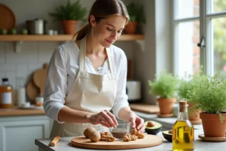 Femme préparant une planche d'aliments riches en oméga 3 6 et 9 comme les noix, l'avocat et l'huile d'olive sur un comptoir en pierre naturelle
