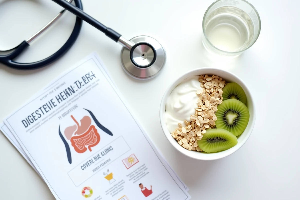 Objets médicaux et aliments riches en fibres sur un bureau de consultation, illustrant les causes et traitements des selles mousseuses
