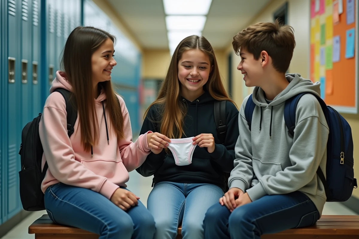Trois adolescents discutant avec une culotte menstruelle à l