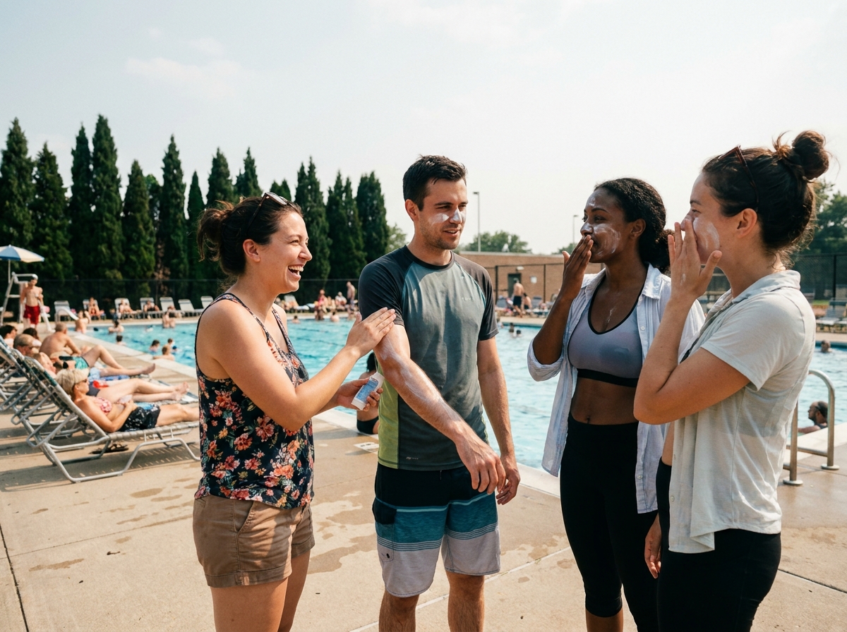 Groupe d'amis appliquant de la crème solaire au bord d'une piscine publique pour se protéger lors d'une canicule estivale