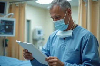 Anesthésiste consultant un dossier médical avant une opération chirurgicale avec monitoring cardiaque en arrière-plan