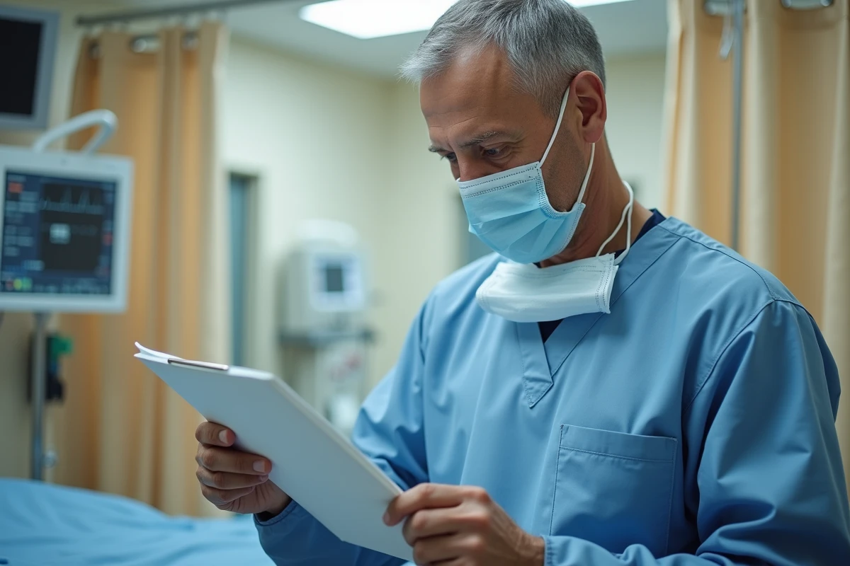 Anesthésiste consultant un dossier médical avant une opération chirurgicale avec monitoring cardiaque en arrière-plan