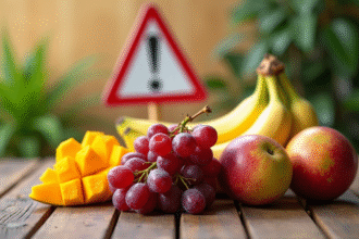 Variété de fruits frais sur une table en bois avec panneau d'alerte