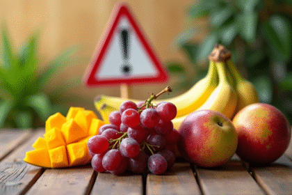 Variété de fruits frais sur une table en bois avec panneau d'alerte