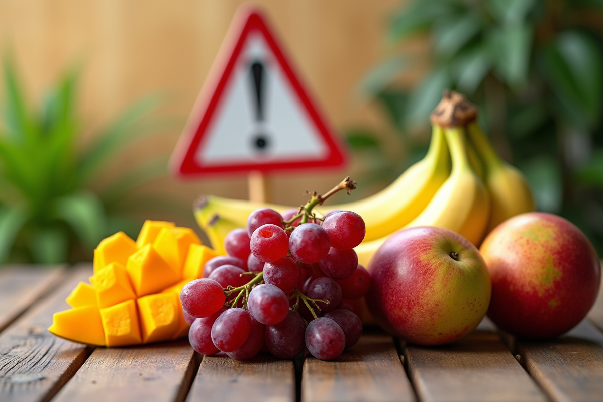 Variété de fruits frais sur une table en bois avec panneau d'alerte