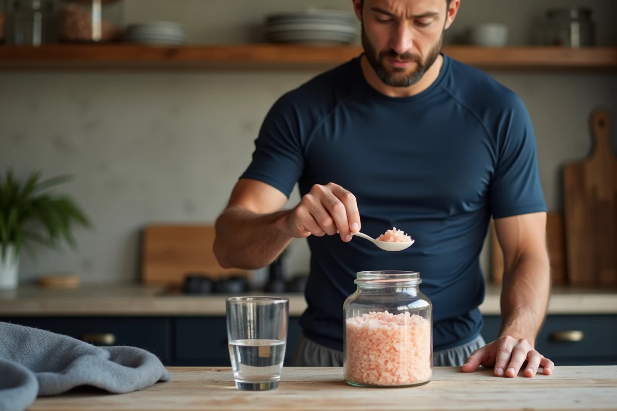 Athlète masculin préparant une boisson électrolyte avec du sel rose de l'Himalaya dans une cuisine naturelle