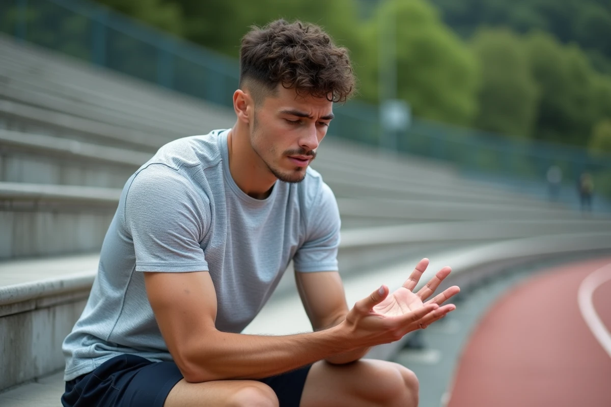 Jeune homme sportif examine sa main après l'effort