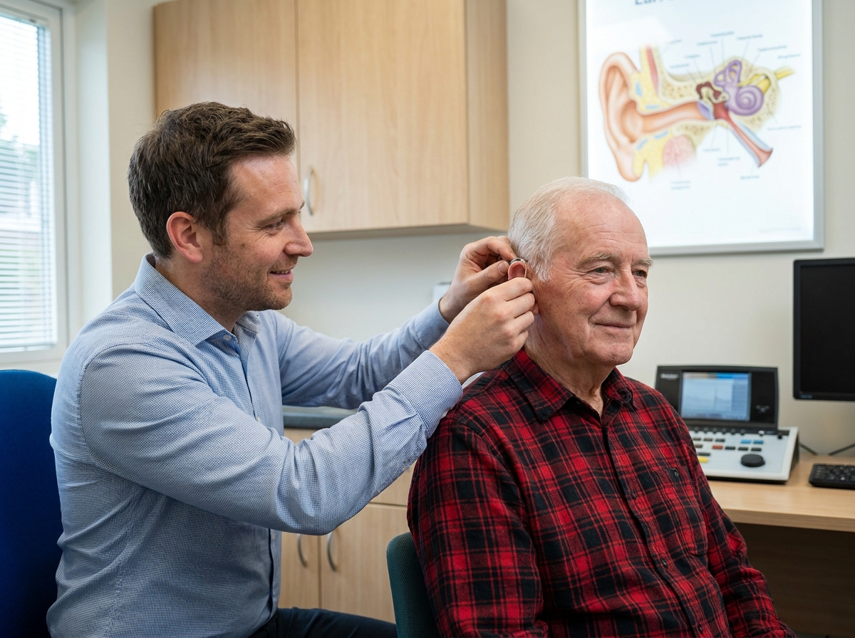 Audiologiste ajustant un appareil auditif derrière l'oreille d'un patient âgé lors d'une consultation spécialisée