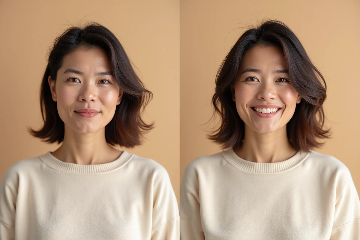 Comparaison avant après du teint et de la vitalité d'une femme après utilisation de Floravia Nutrisolution sur fond beige neutre