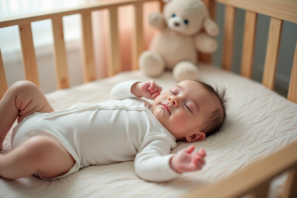 Bebe endormi dans son lit en bois dans une nurserie douce