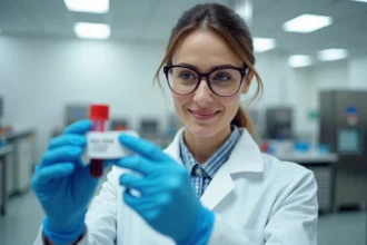 Biologiste médicale tenant un tube de prise de sang pour une analyse LDH en laboratoire clinique