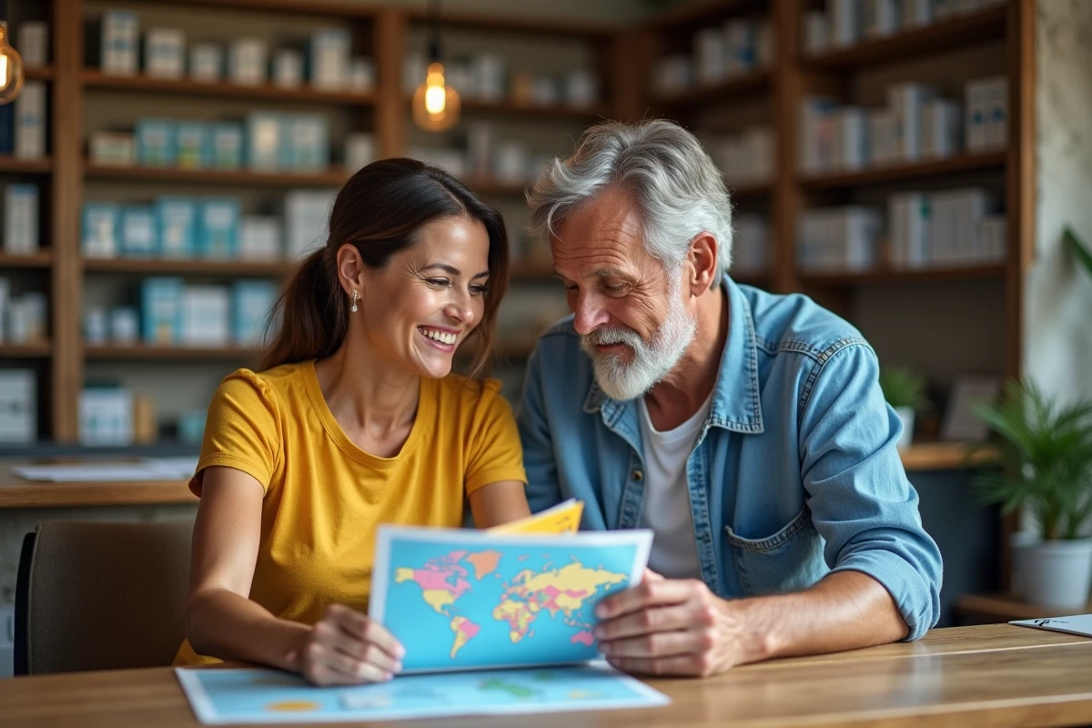 Couple consultant un carnet de vaccination international et une carte des zones tropicales dans une pharmacie de voyage