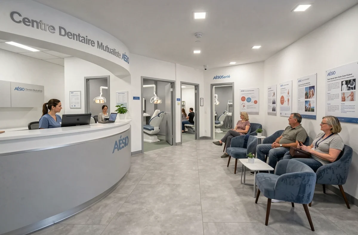 L'espace d'accueil moderne du Centre Dentaire Mutualiste AÉSIO Santé avec patients et personnel soignant