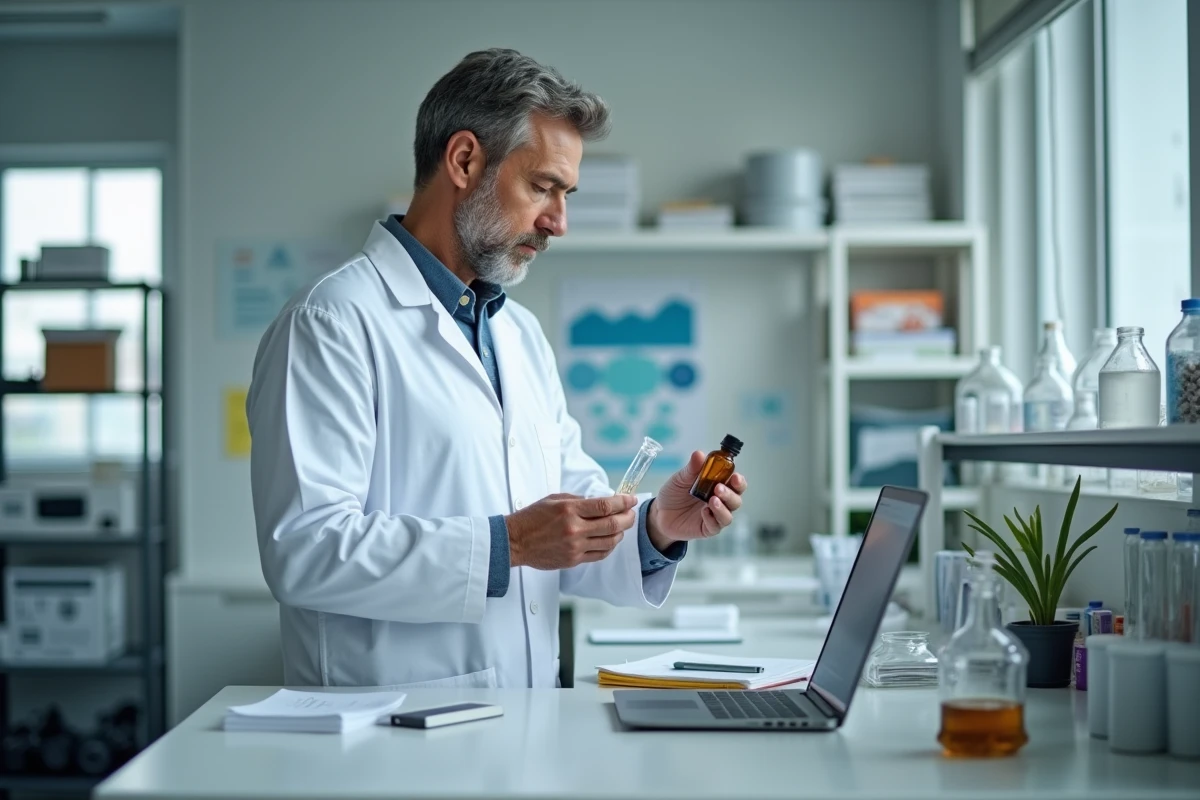 Chercheur en laboratoire analysant une fiole d'huile essentielle de romarin dans le cadre d'une étude scientifique sur la mémoire