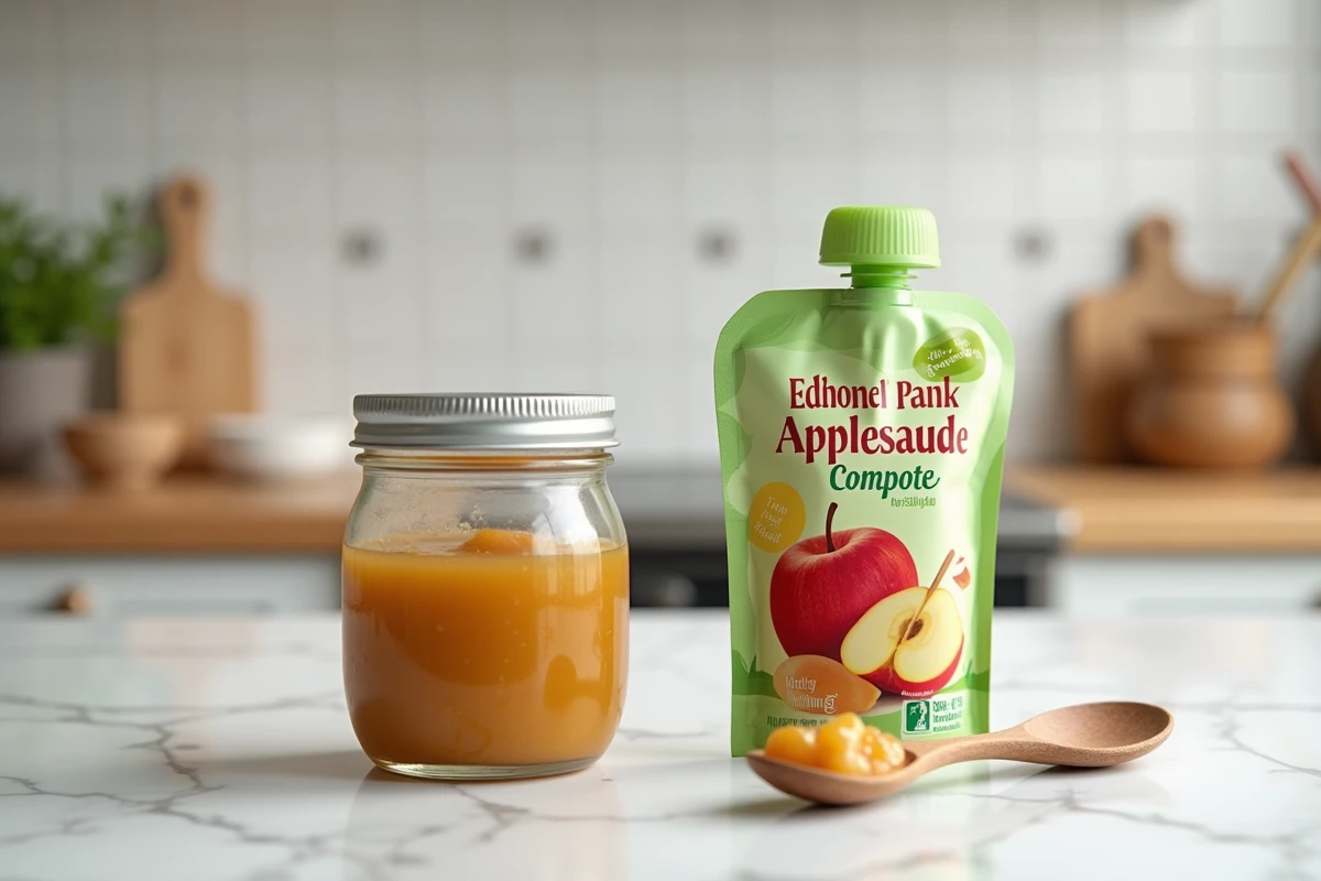 Comparaison entre une compote maison en bocal et une compote industrielle en gourde pour enfant