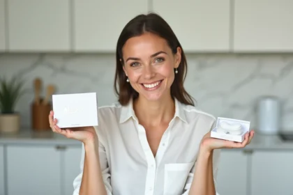 Femme comparant un kit de blanchiment dentaire The Smilist avec des bandes blanchissantes de pharmacie dans une cuisine moderne
