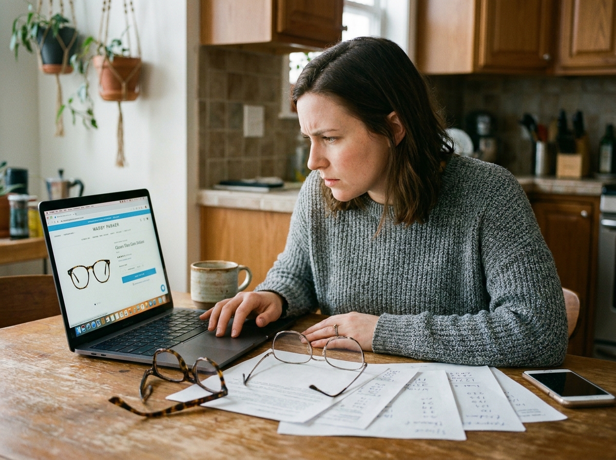 Jeune femme comparant des montures de lunettes en ligne depuis chez elle, avec deux paires posées sur une table et un site d'optique ouvert sur son ordinateur