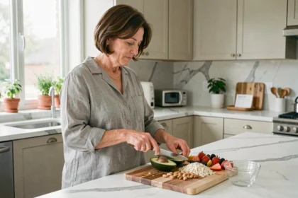 Femme préparant un petit-déjeuner équilibré riche en bons lipides pour soutenir un taux de cholestérol sain