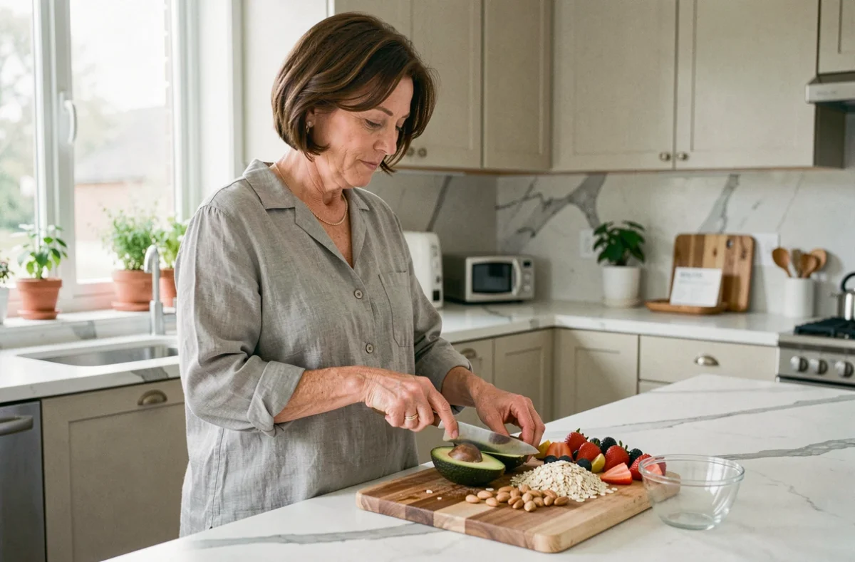 Femme préparant un petit-déjeuner équilibré riche en bons lipides pour soutenir un taux de cholestérol sain