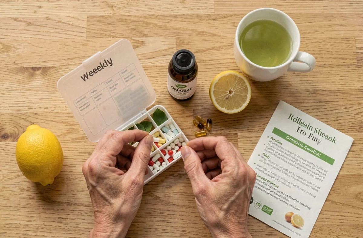Vue en plongée de compléments alimentaires pour le cholestérol organisés sur une table en bois dans une routine santé quotidienne
