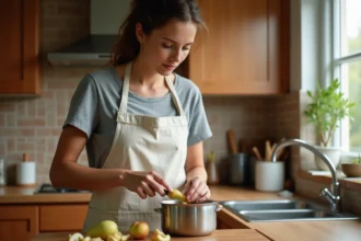 Maman préparant une compote de fruits maison pour soulager la constipation de son enfant