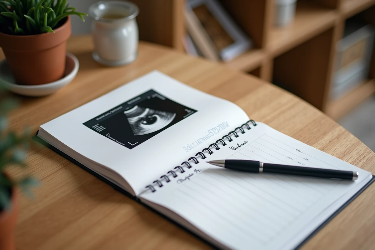 Compte-rendu d'échographie du premier trimestre posé sur un bureau avec un journal de grossesse