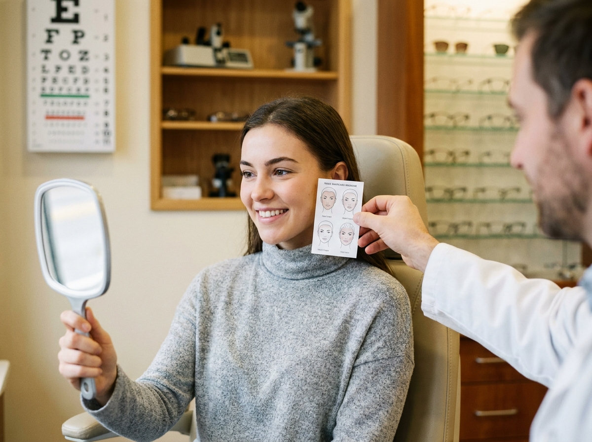 Opticienne aidant une jeune femme au visage en cœur à choisir la monture adaptée à sa morphologie