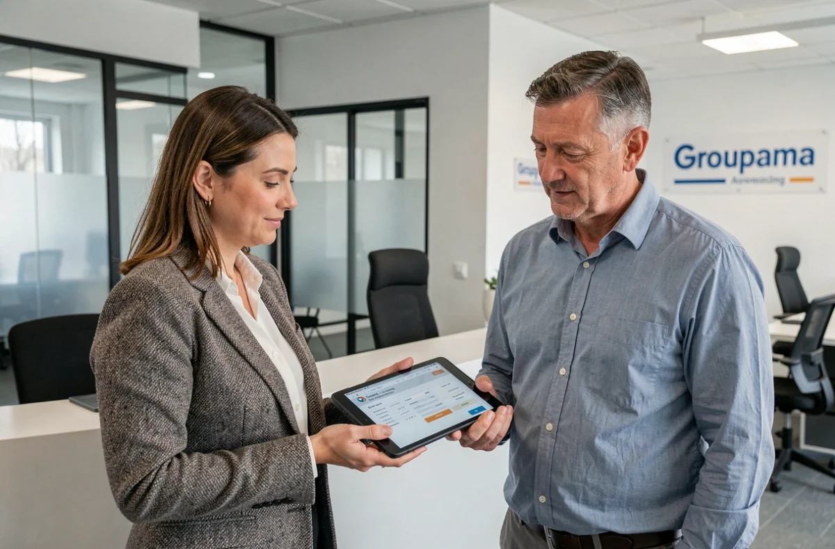 Conseillère Groupama et client en agence consultant un contrat sur tablette pour optimiser le remboursement