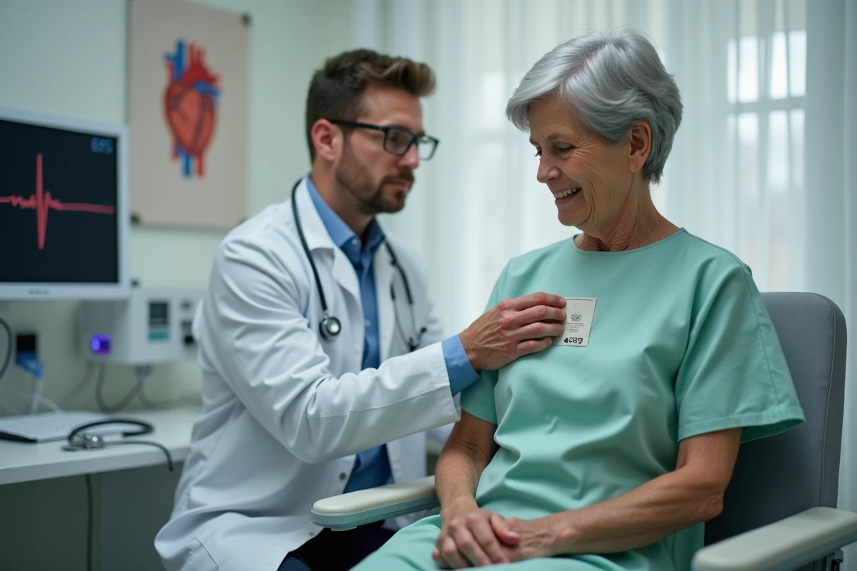 Patiente cardiaque préparant une anesthésie générale lors d'une consultation avec un cardiologue posant des électrodes ECG