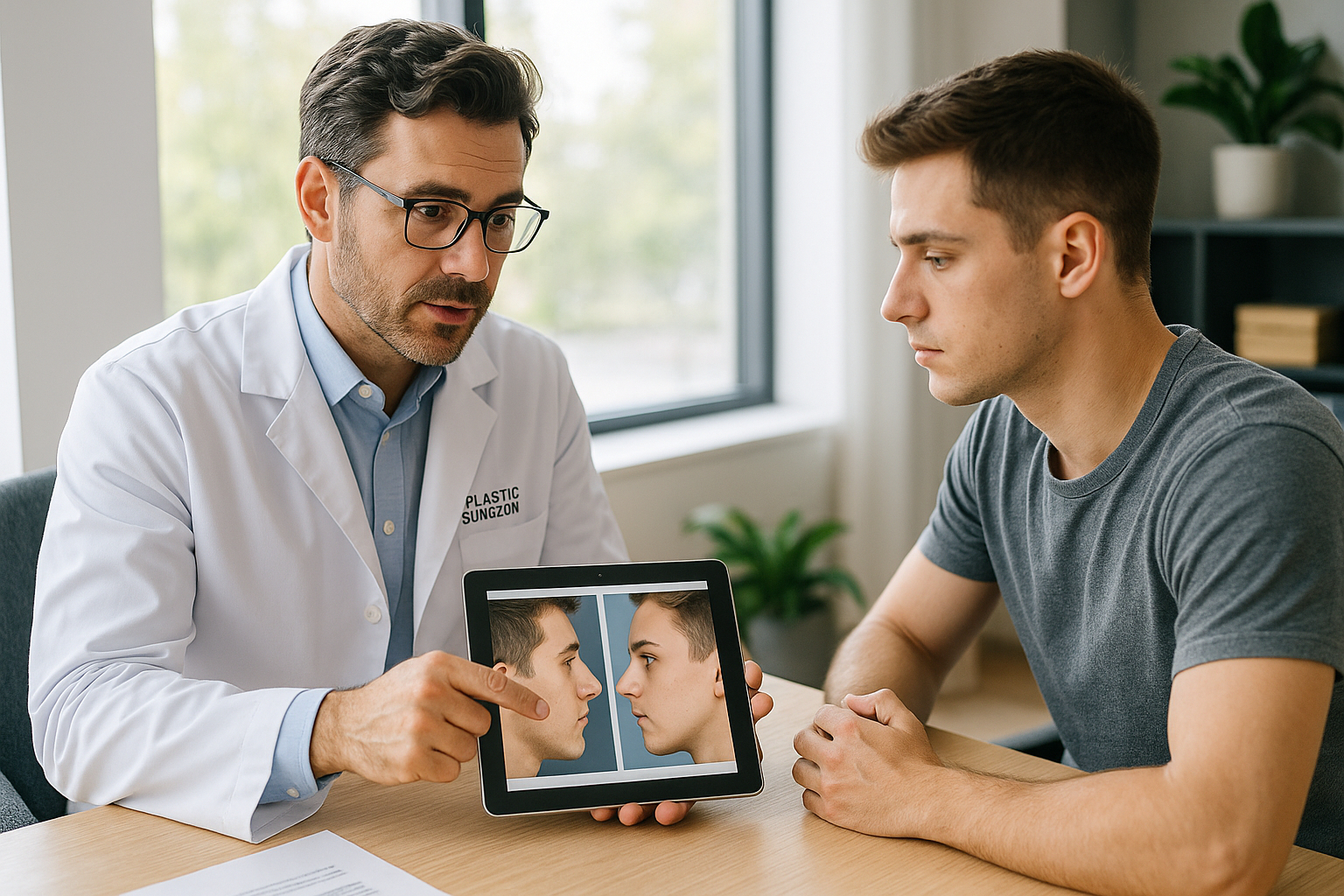 Consultation entre un chirurgien et un jeune homme avec images avant après