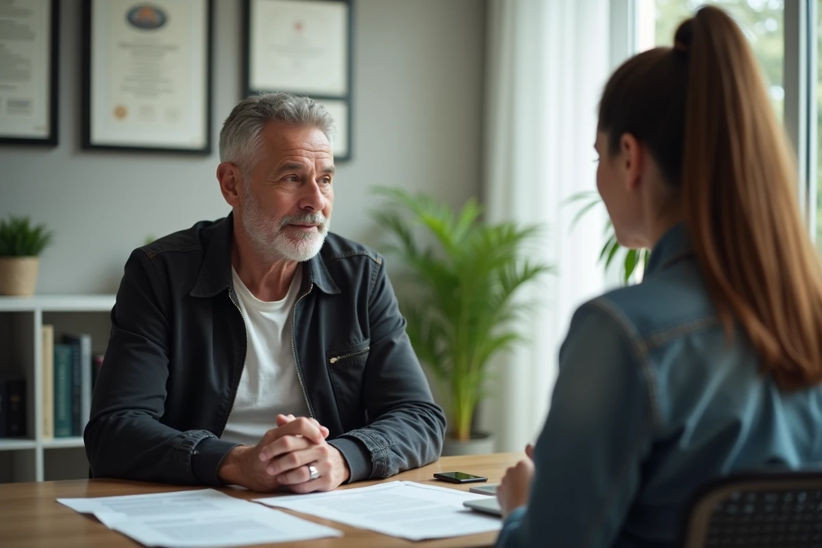 Consultation entre un patient atteint de discopathie et un conseiller en assurance pour obtenir une rente invalidité