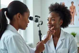 Dermatologue examinant une verrue séborrhéique sur la peau noire d'une femme lors d'une consultation médicale