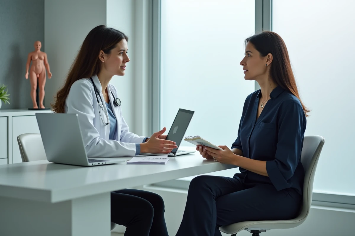 Consultation gynécologique pour un polype utérin, patiente prenant des notes face à sa médecin dans un cabinet médical moderne