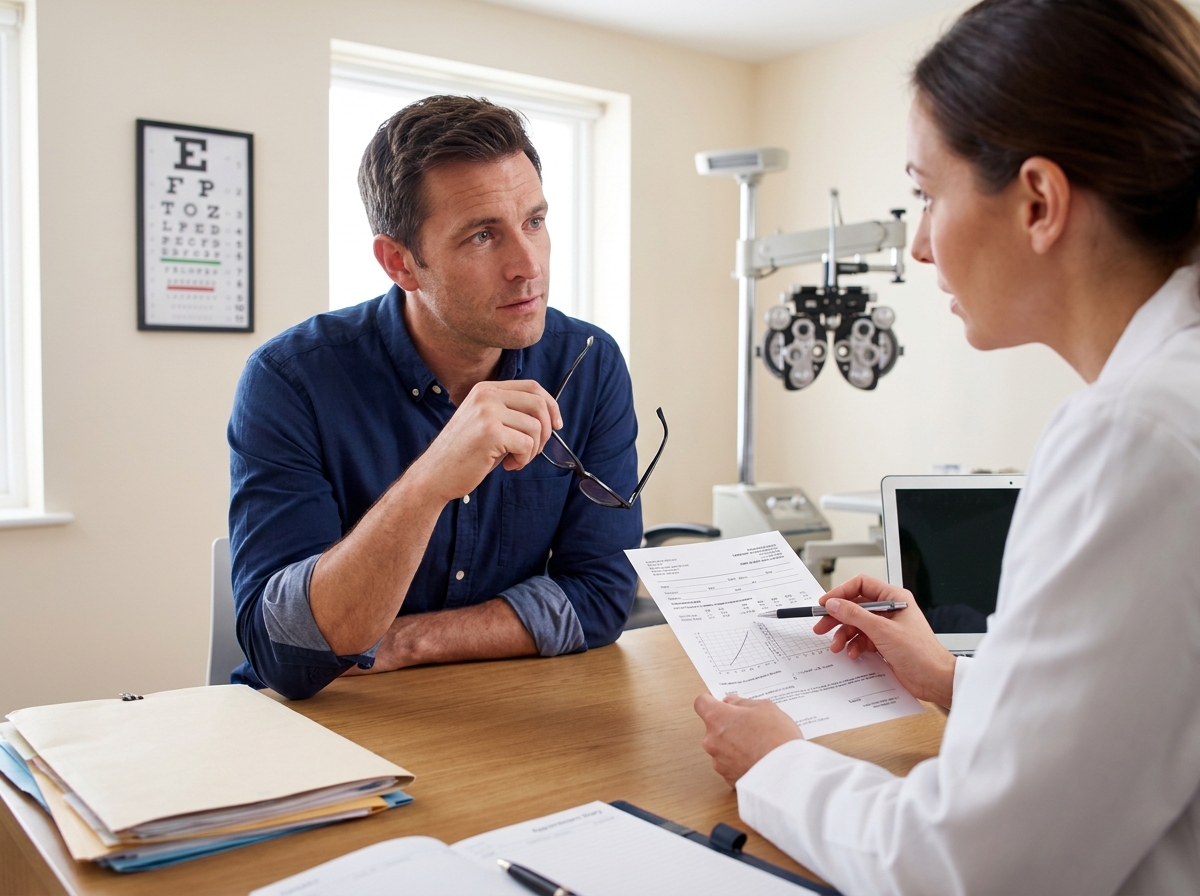 Homme en consultation chez un opticien discutant d'une ordonnance de lunettes, illustration des erreurs courantes lors de l'achat de lunettes