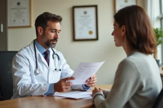 Médecin expliquant des résultats de prise de sang à sa patiente avec des transaminases élevées lors d'une consultation médicale