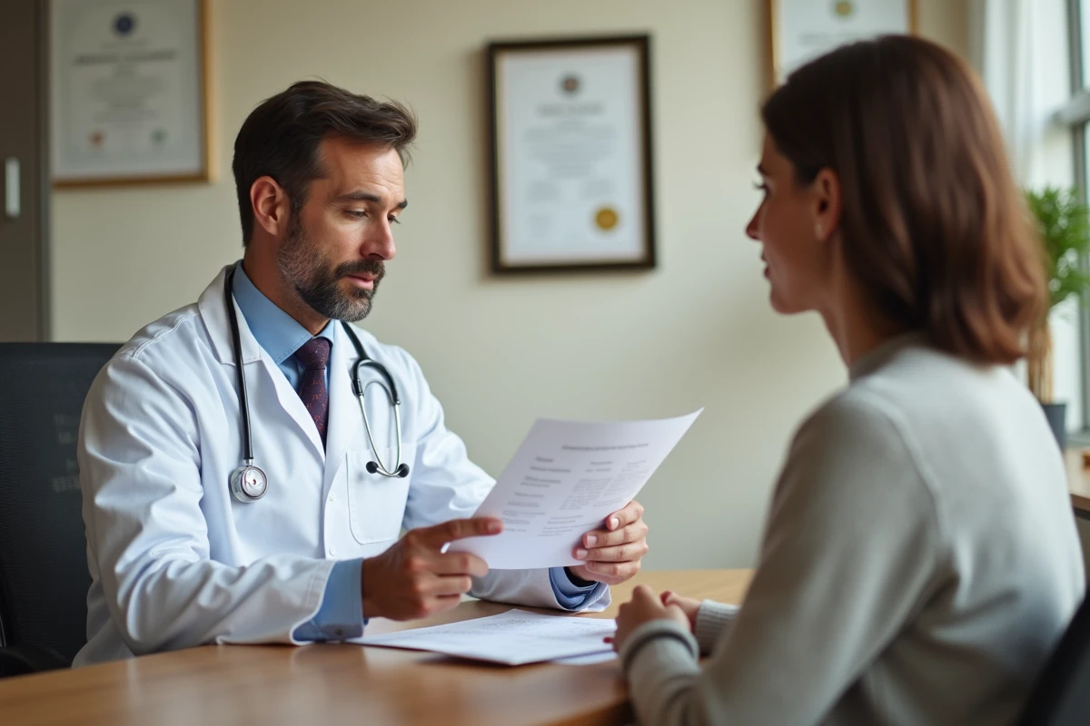 Médecin expliquant des résultats de prise de sang à sa patiente avec des transaminases élevées lors d'une consultation médicale