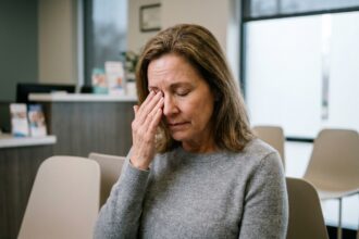 Femme d'âge moyen dans une salle d'attente ophtalmologique exprimant une gêne oculaire, illustrant la nécessité de consulter en urgence pour un problème de vue