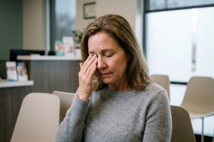 Femme d'âge moyen dans une salle d'attente ophtalmologique exprimant une gêne oculaire, illustrant la nécessité de consulter en urgence pour un problème de vue