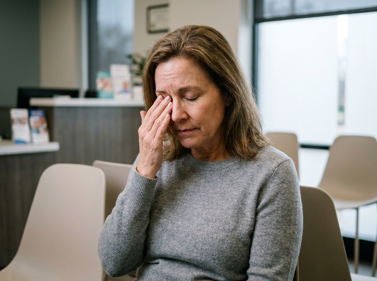 Femme d'âge moyen dans une salle d'attente ophtalmologique exprimant une gêne oculaire, illustrant la nécessité de consulter en urgence pour un problème de vue