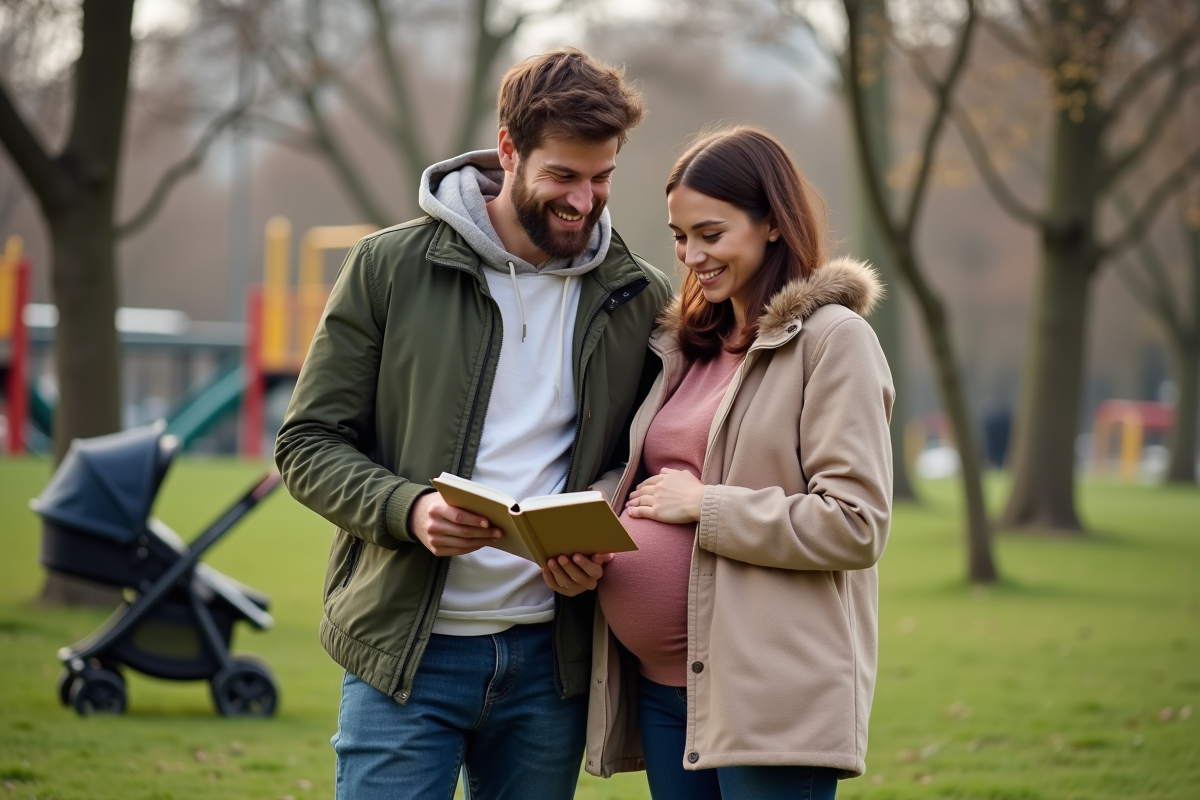 Un couple enceinte se promene dans un parc urbain au printemps